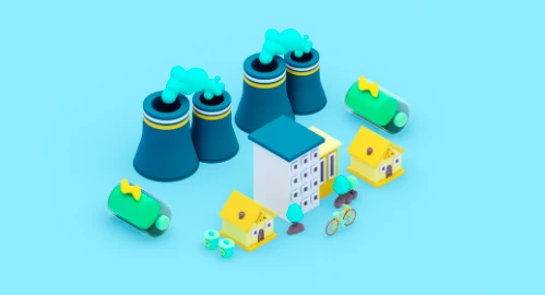 Ilustração de uma usina de energia com três torres de fumaça, casas, bicicleta, carros e uma casa de brinquedo em um ambiente colorido e moderno, representando energia sustentável e inovação.