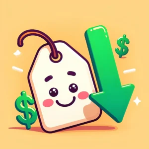 Imagem de etiqueta de preço com rosto sorridente, símbolos de dólar e uma seta verde apontando para baixo, representando desconto.