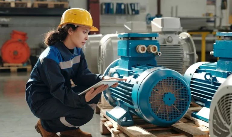 Engenheira de manutenção industrial inspecionando motores elétricos em fábrica, representando profissionalismo e segurança no setor industrial.